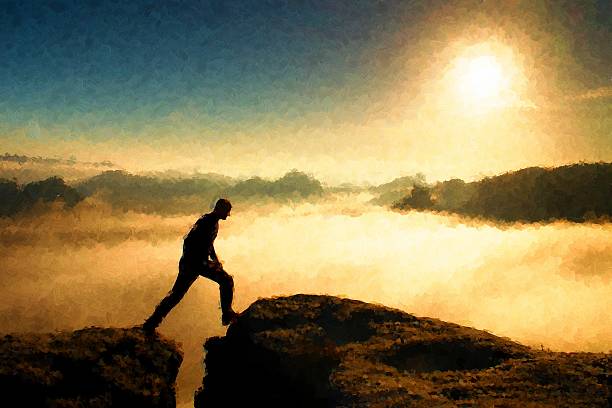 istock Watercolor paint. Paint effect. Crazy hiker jump between rocky peaks. 498253180