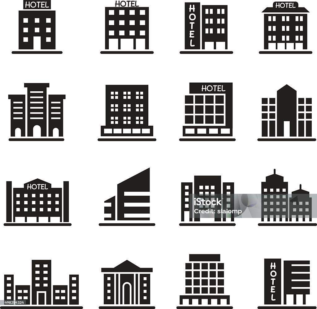 Edificio del Hotel, edificio de la torre de oficina, iconos conjunto de ilustración - arte vectorial de Ícono libre de derechos Edificio del Hotel, edificio de la torre de oficina, iconos conjunto de ilustración - arte vectorial de Ícono libre de derechos
