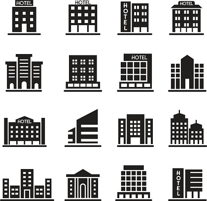 Hotel Building, Office tower, Building icons set illustration