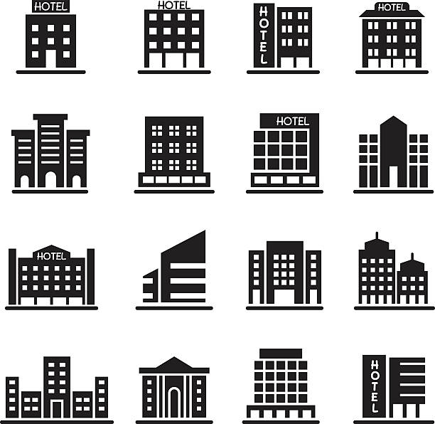 Hotel Building, Office tower, Building icons set illustration Hotel Building, Office tower, Building icons set illustration banking silhouettes stock illustrations