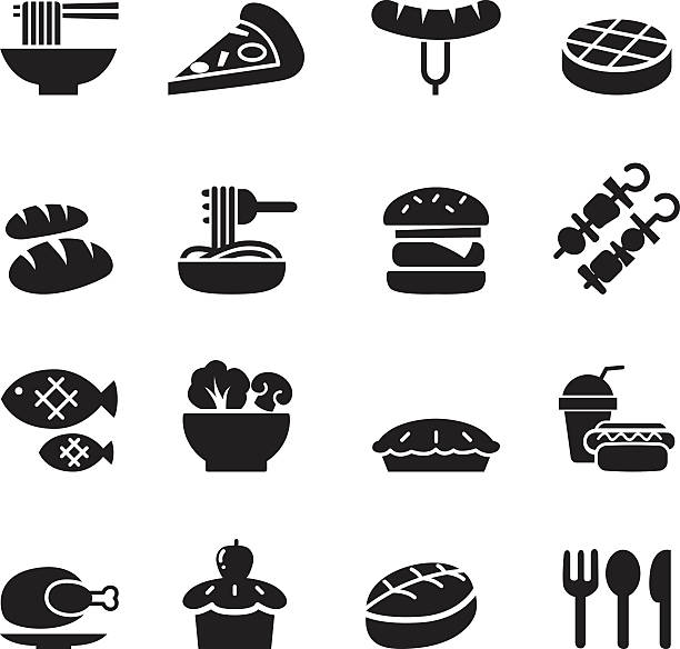 ilustraciones, imágenes clip art, dibujos animados e iconos de stock de basic conjunto de iconos de comida y bebida - symbol food salad icon set