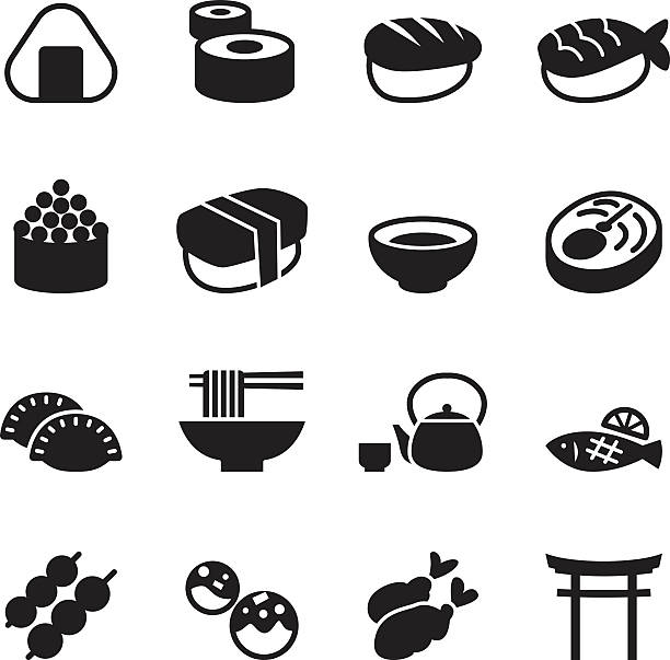 illustrazioni stock, clip art, cartoni animati e icone di tendenza di set di icone cibo giapponese - sushi