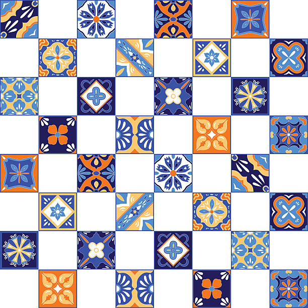 Mexican stylized talavera tiles seamless pattern in blue orange and Mexican stylized talavera tiles seamless pattern in blue orange and white, vector background mexican tile cross stock illustrations