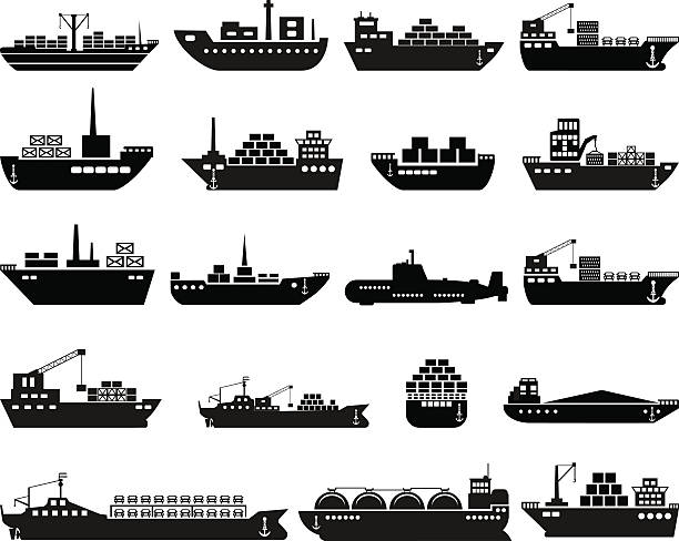 발송 및 배죠 아이콘 세트. - industrial ship container ship cargo container nautical vessel stock illustrations