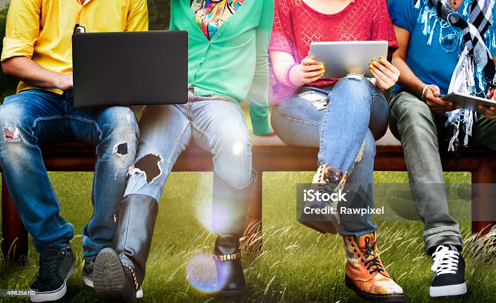 Students Education Social Media Laptop Tablet Sitting Stock Photo