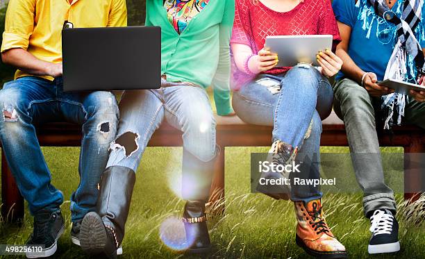 Students Education Social Media Laptop Tablet Stock Photo - Download Image Now - Sitting, Student, Friendship