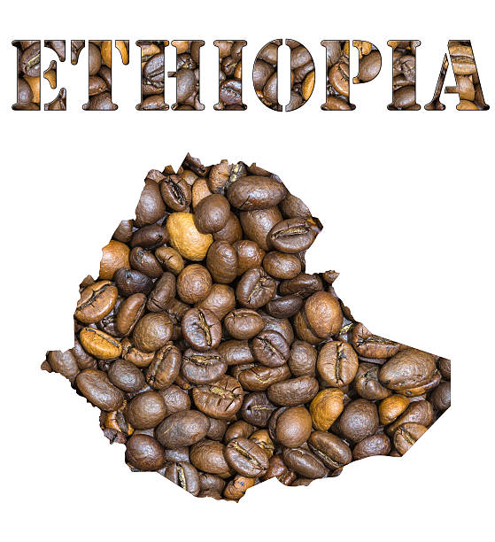 Roasted brown coffee beans background with the shape of the word Ethiopia and the country geographical map outline. Image isolated on a white background.