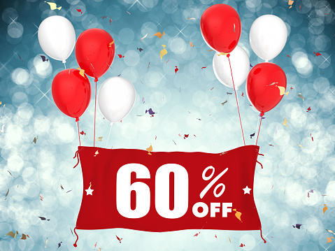 60% off sale sign with balloons and confetti