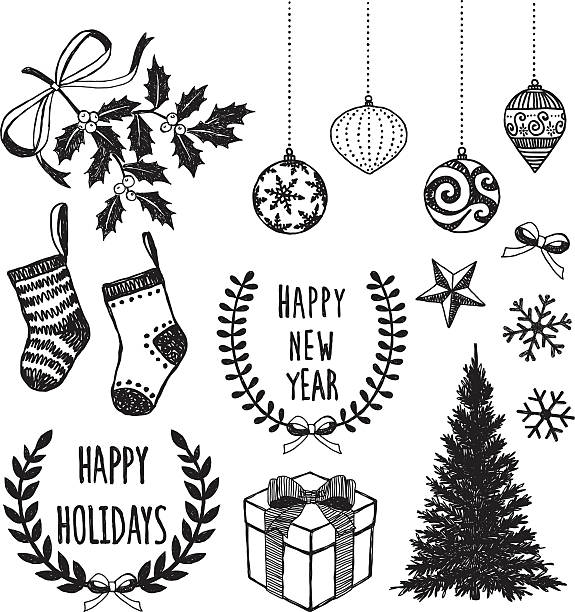 세트마다 크리스마스 데커레이션 - wreath christmas bow holiday stock illustrations