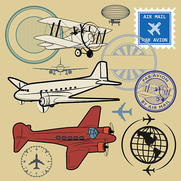 Set of air mail and airplane symbols Set of air mail and airplane symbols, vector illustration airplane silhouette commercial airplane shipping stock illustrations