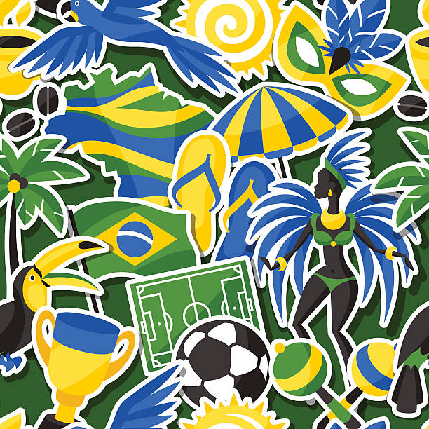 brazil seamless pattern with sticker objects and cultural symbols - popo tokatlamak stock illustrations