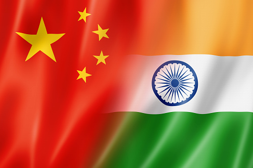 Mixed China and India flag, three dimensional render, illustration