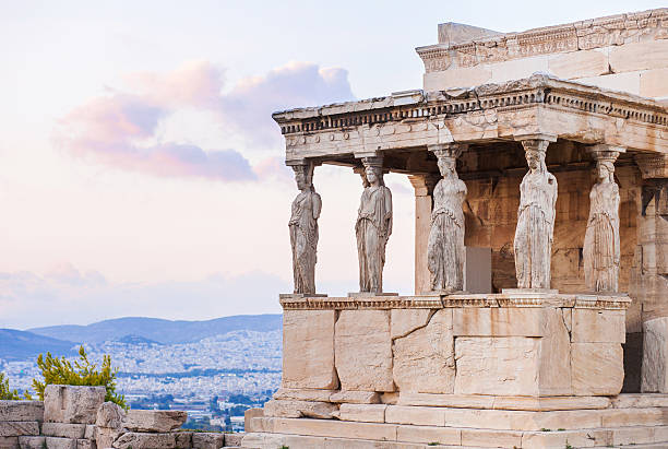 Detail of Erechtheion in Acropolis of Athens, Greece Statues of The Porch of the Caryatids in Acropolis, Athens ancient architecture stock pictures, royalty-free photos & images