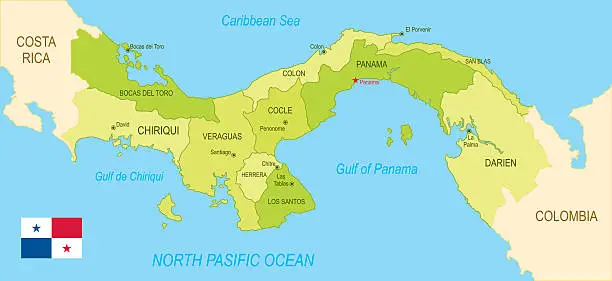 Vector illustration of Detailed map of Panama with surroundings, provinces, capital and flag