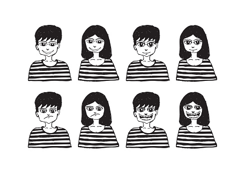 Set various emotions people cartoon faces