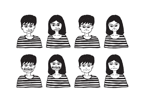 Set various emotions people cartoon faces