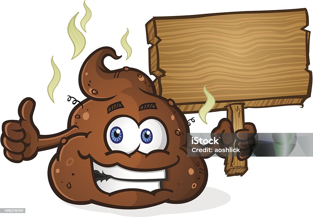 Poop Pile Cartoon Character Thumbs Up and Holding Sign A smelly pile of cartoon poop holding a wooden sign and giving the thumbs up gesture Advertisement stock vector