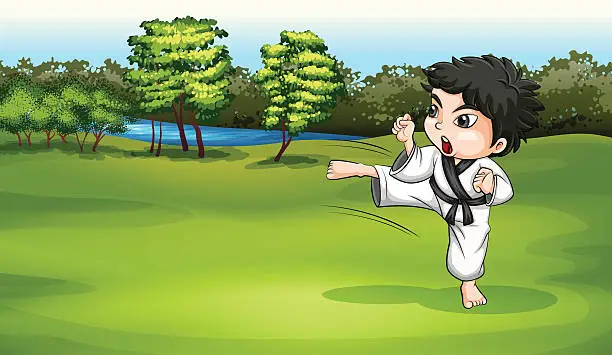 Vector illustration of Young boy practicing karate near the river
