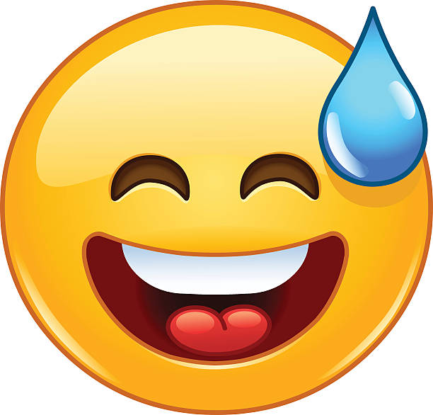 Smiling emoticon with open mouth and cold sweat Smiling emoticon with open mouth and cold sweat relieved face stock illustrations