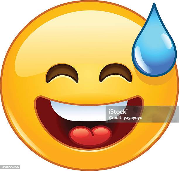 Smiling Emoticon With Open Mouth And Cold Sweat Stock Illustration - Download Image Now - Emoticon, Drop, Teardrop