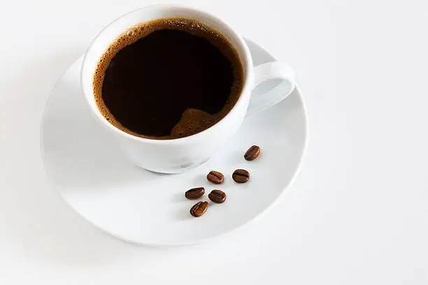 Photo of natural black coffee in a white cup