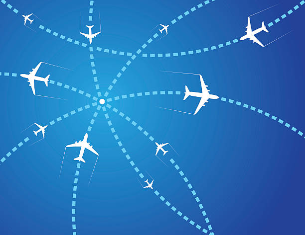 Travel airplanes Vector of crisscrossing lines of multiple passenger planes on the way to their locations. EPS10 ai file format. airplane flying cirrus sky stock illustrations