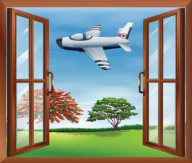 Vector illustration of Open window with an airplane outside