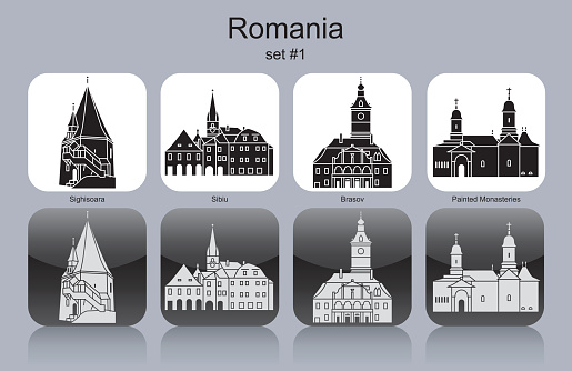 Landmarks of Romania. Set of monochrome icons. Editable vector illustration.