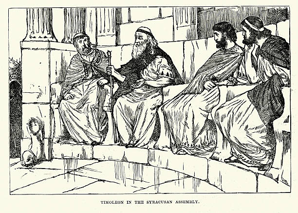 Ancient History - Timoleon in the Syracusan Assembly Vintage engraving of Timoleon in the Syracusan Assembly. Timoleon, son of Timodemus, of Corinth (c. 411 to 337 BC) was a Greek statesman and general. As the champion of Greece against Carthage he is closely connected with the history of Sicily, especially Syracuse. greco stock illustrations