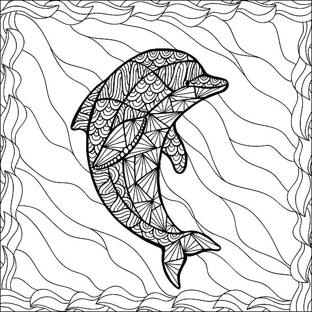 Vector illustration of Stylized vector Dolphin, Zen art isolated on white background.