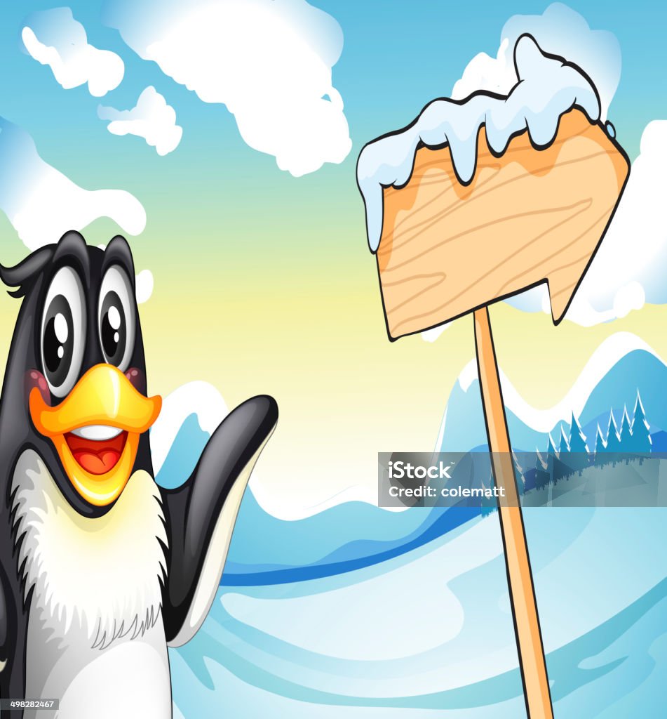 Pingwin obok drewniane strzałki farby - Grafika wektorowa royalty-free (Deska)