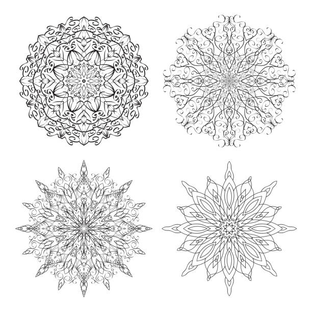 набор ажурное snowflakes - sewing item fragility doily pattern stock illustrations