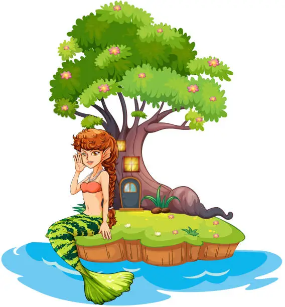 Vector illustration of Beautiful mermaid near the treehouse