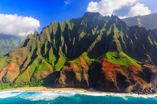 The Scenic landscape coastline of the Na Pali Coast at the Na Pali Coast State Park of the island of Kauai, Hawaii