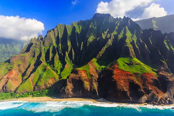 Aerial view of spectacular Na Pali coast, Kauai, Hawaii