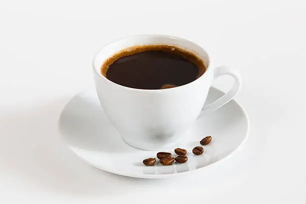 Photo of natural black coffee in a white cup