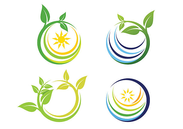 ilustraciones, imágenes clip art, dibujos animados e iconos de stock de naturaleza circle planta logotipo, naturaleza global símbolo icono vector diseño - computer icon planet abstract social media