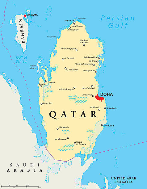 Qatar Political Map Qatar political map with capital Doha, national borders, important cities, salt pans and reefs. English labeling and scaling. Illustration. qatar stock illustrations