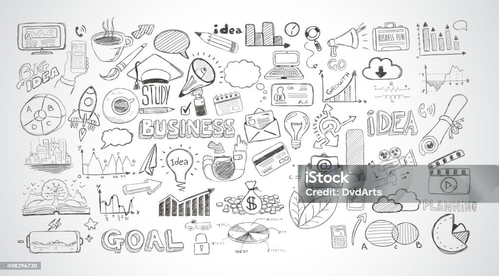 Business doodles Sketch set : infographics elements isolated, Business doodles Sketch set : infographics elements isolated, vector shapes. It include lots of icons included graphs, stats, devices,laptops, clouds, concepts and so on. Drawing - Activity stock vector