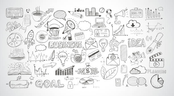 Business doodles Sketch set : infographics elements isolated, Business doodles Sketch set : infographics elements isolated, vector shapes. It include lots of icons included graphs, stats, devices,laptops, clouds, concepts and so on. pencil drawing illustrations stock illustrations