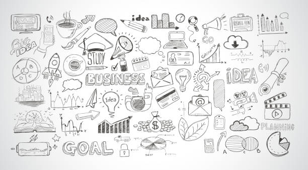 Business doodles Sketch set : infographics elements isolated, Business doodles Sketch set : infographics elements isolated, vector shapes. It include lots of icons included graphs, stats, devices,laptops, clouds, concepts and so on. sketch stock illustrations