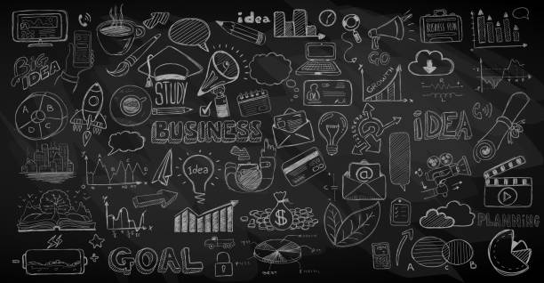 Business doodles Sketch set : infographics elements isolated, Business doodles Sketch set : infographics elements isolated, vector shapes. It include lots of icons included graphs, stats, devices,laptops, clouds, concepts and so on. chalkboard visual aid illustrations stock illustrations