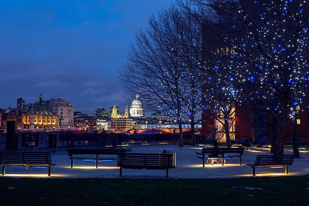 View of St Paul's Cathedral from Bernie Spain Gardens at Christmas in London.