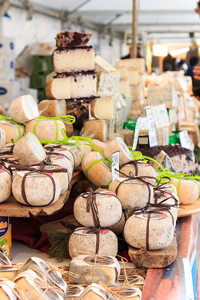 Closeup of Italian cheese at the Moncalvo truffle fair. stock photo