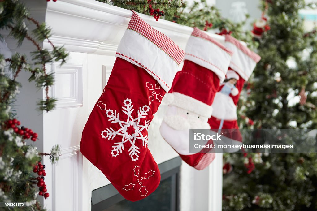 Empty Stockings Hung On Fireplace On Christmas Eve Christmas Stocking Stock Photo