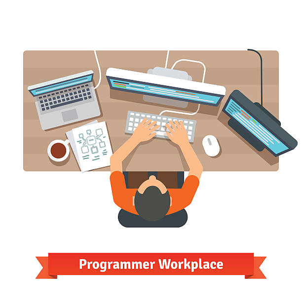 Software programmer typing code or debugging Software programmer typing code or debugging. Sitting at the desk, working on multiple displays. Top view flat vector illustration. it programer working on desktop stock illustrations