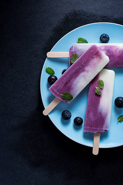 Yogurt and blueberry popsicle on plate