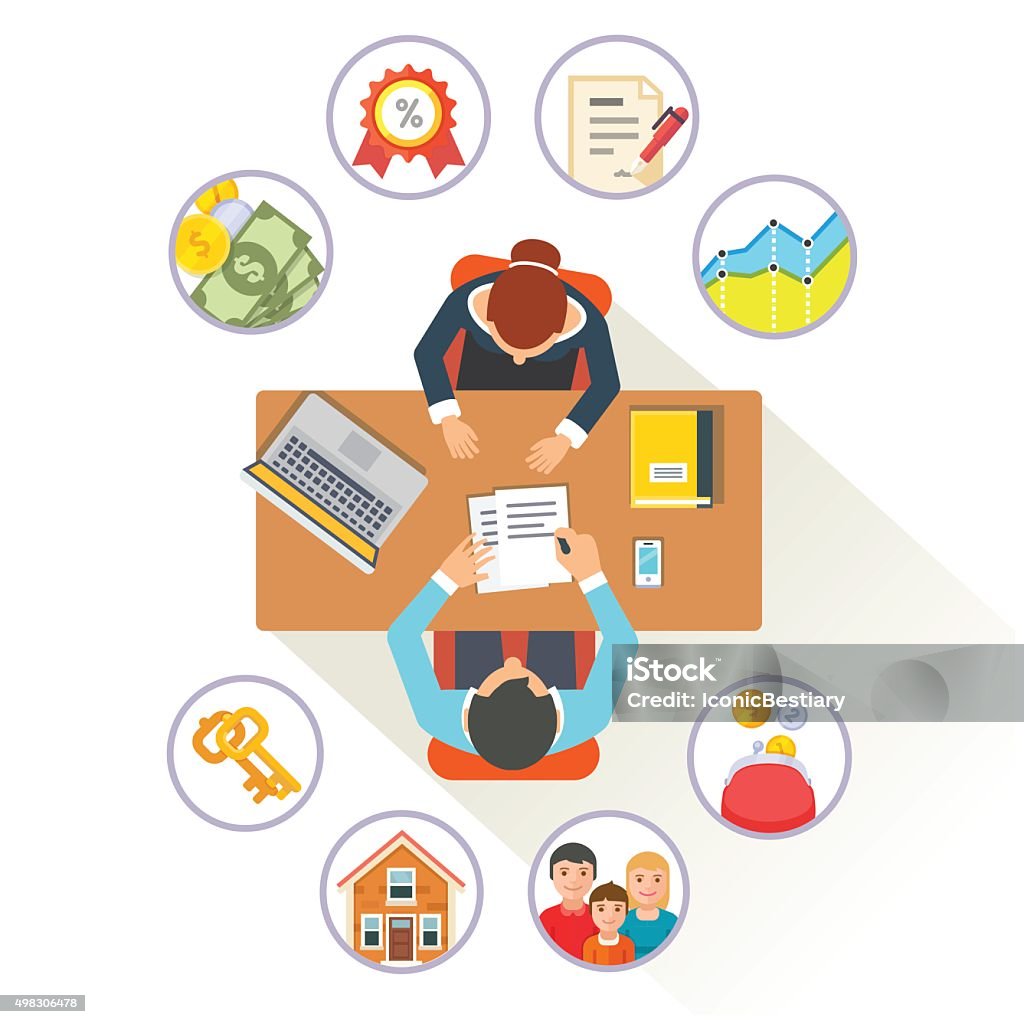 Real estate broker talking to customer Real estate broker or bank clerk at his desk talking to customer about house mortgage credit deal. Flat style vector illustration and icons isolated on white background. Bank - Financial Building stock vector