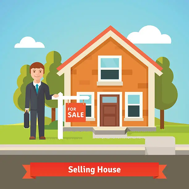 Vector illustration of Real estate broker and house with for sale sign