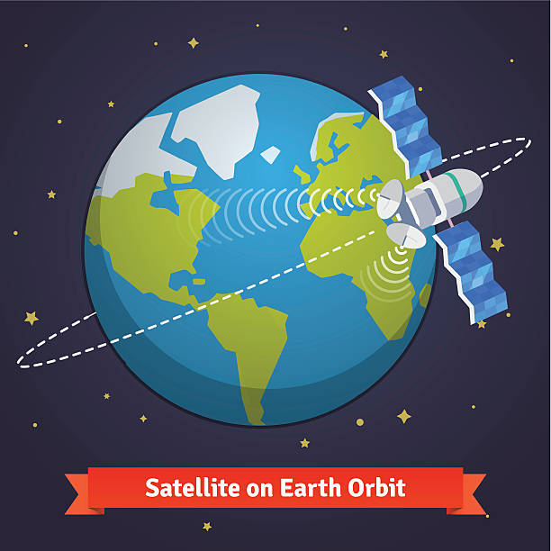 illustrazioni stock, clip art, cartoni animati e icone di tendenza di satellite di telecomunicazione sulla terra - satellite global positioning system surveillance satellite dish